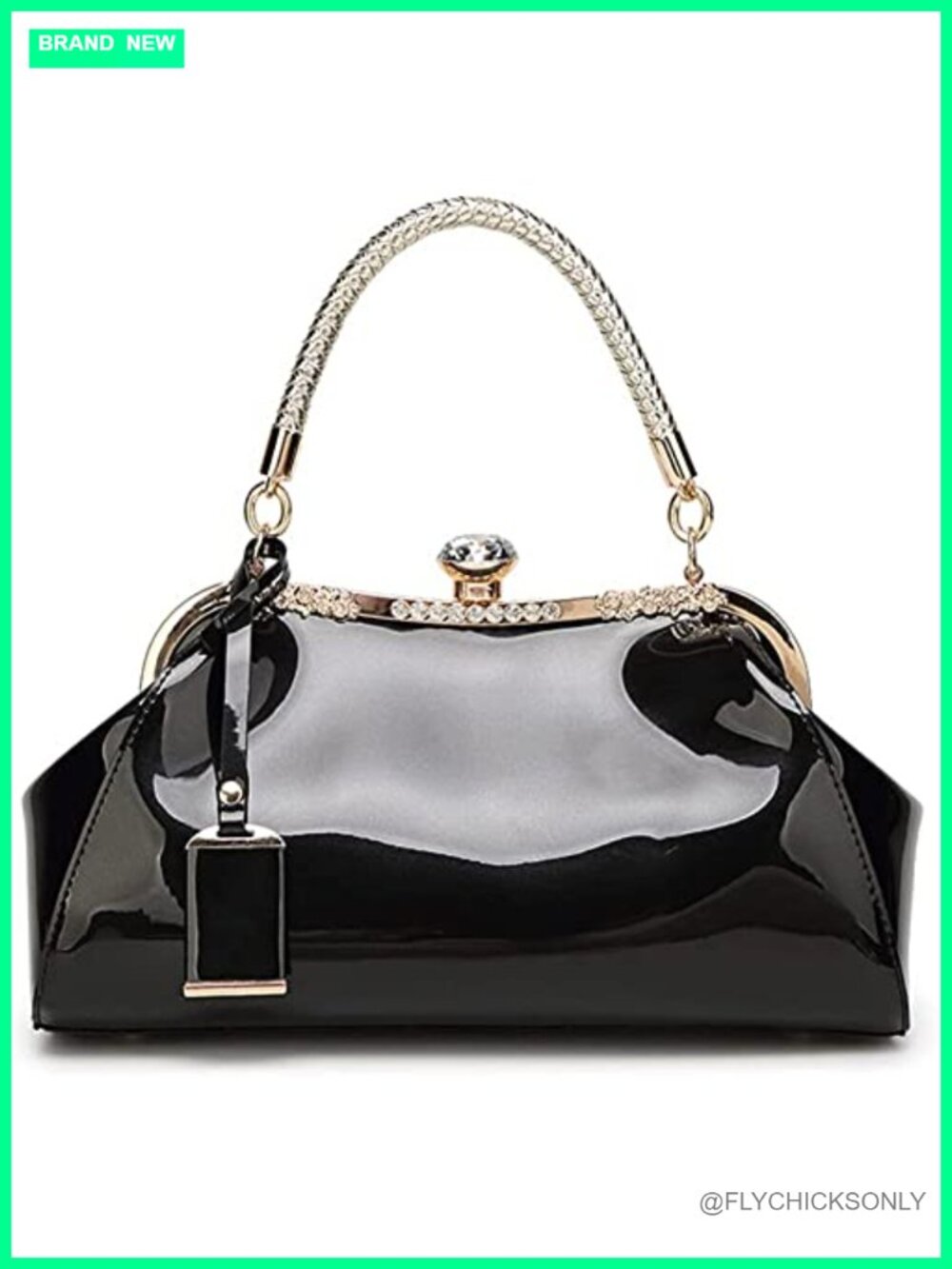 Women's Crystal Glossy Patent Leather Top Handle Tote Evening Handbag Crossbody